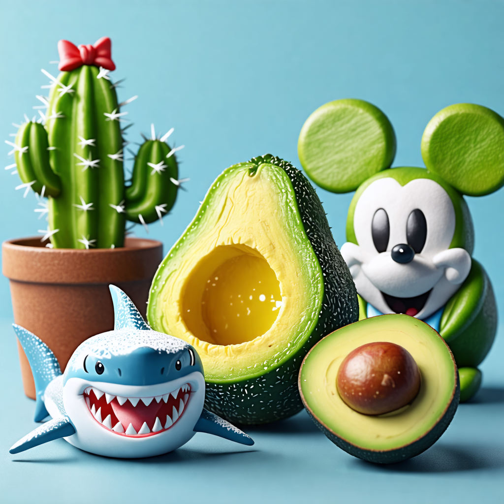 shark, marshmallow, cactus, avocado, mickey mouse